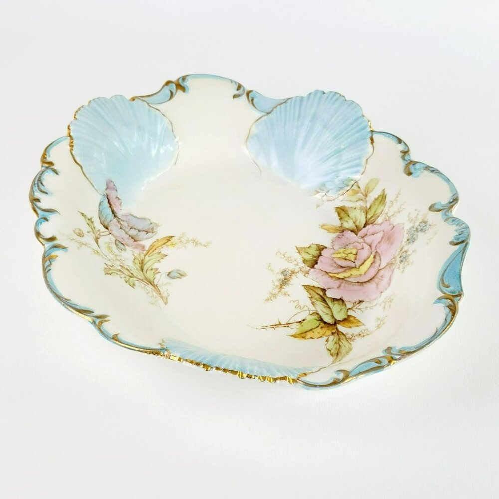 Antique Shabby Chic Porcelain Blue Shell Pink Floral Bowl c1900-16 La Francaise